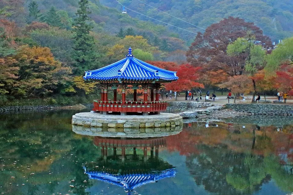 단풍이 비친 연못 위 내장산 우화정