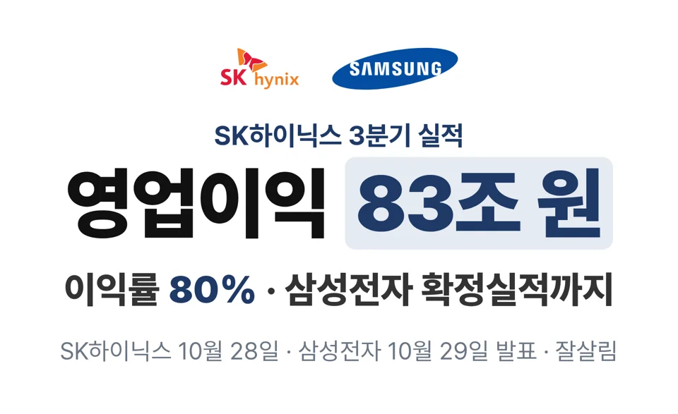 SK하이닉스 3분기 실적: 영업이익 83조 원, 이익률 80%, 삼성전자 확정실적까지