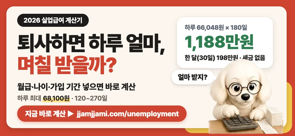 짬짬이 2026 실업급여 계산기: 퇴사하면 하루 얼마, 며칠 받을까?